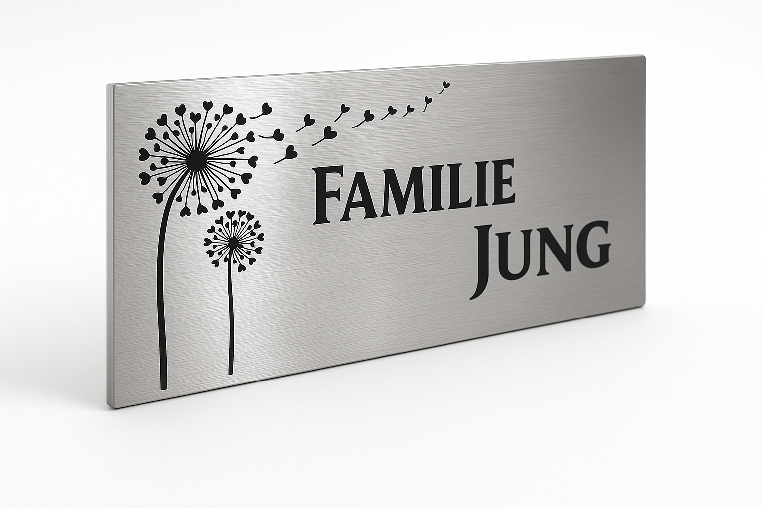 Rechteckiges V2A Edelstahlschild mit gebürsteter Oberfläche, schwarzer Gravur Pusteblume und Familienname, witterungsbeständig, rostfrei – ideal für Haustür oder Briefkasten